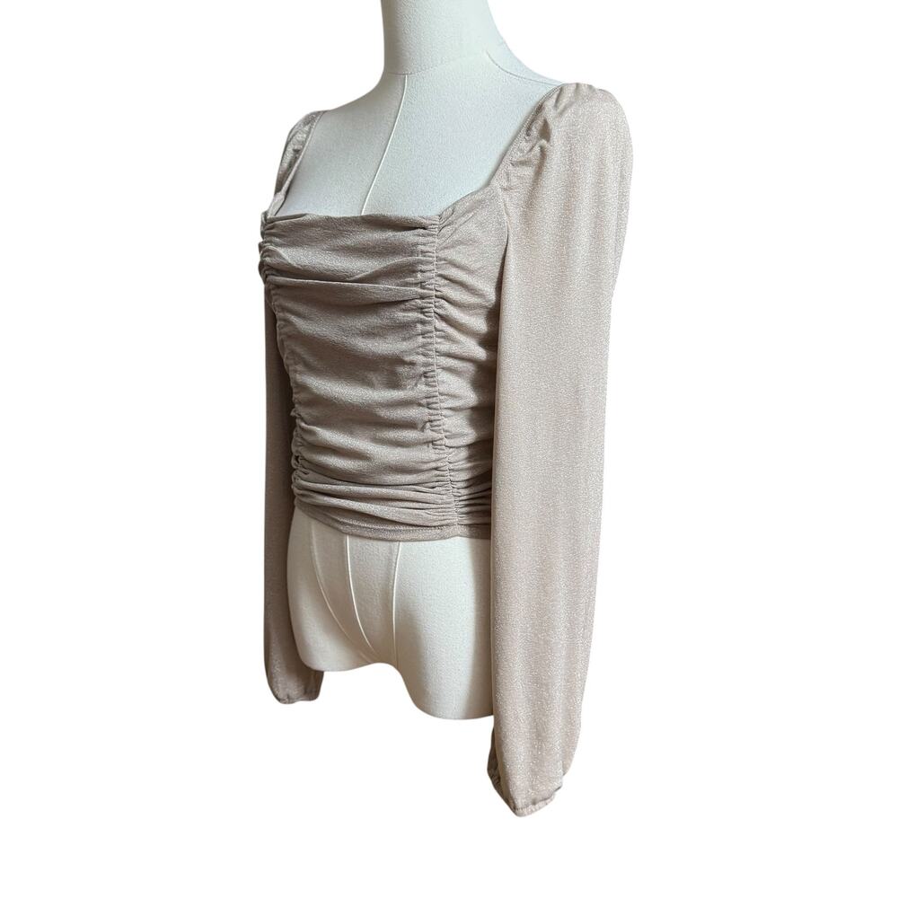 BCBGeneration NWT Champagne Metallic Ruched Square Neck Long Sleeve Crop Top M - Picture 7 of 14